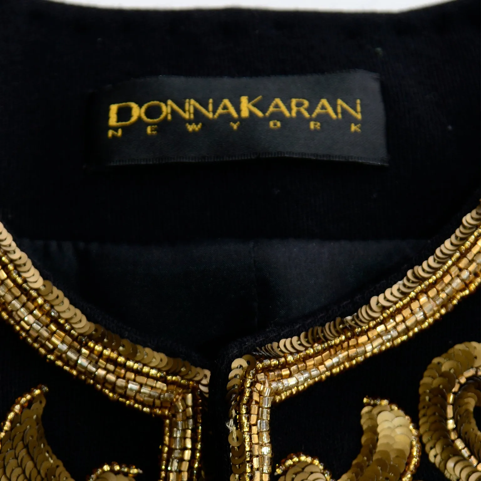 1990s Donna Karan Baroque Black Jacket w Gold embroidered Sequins