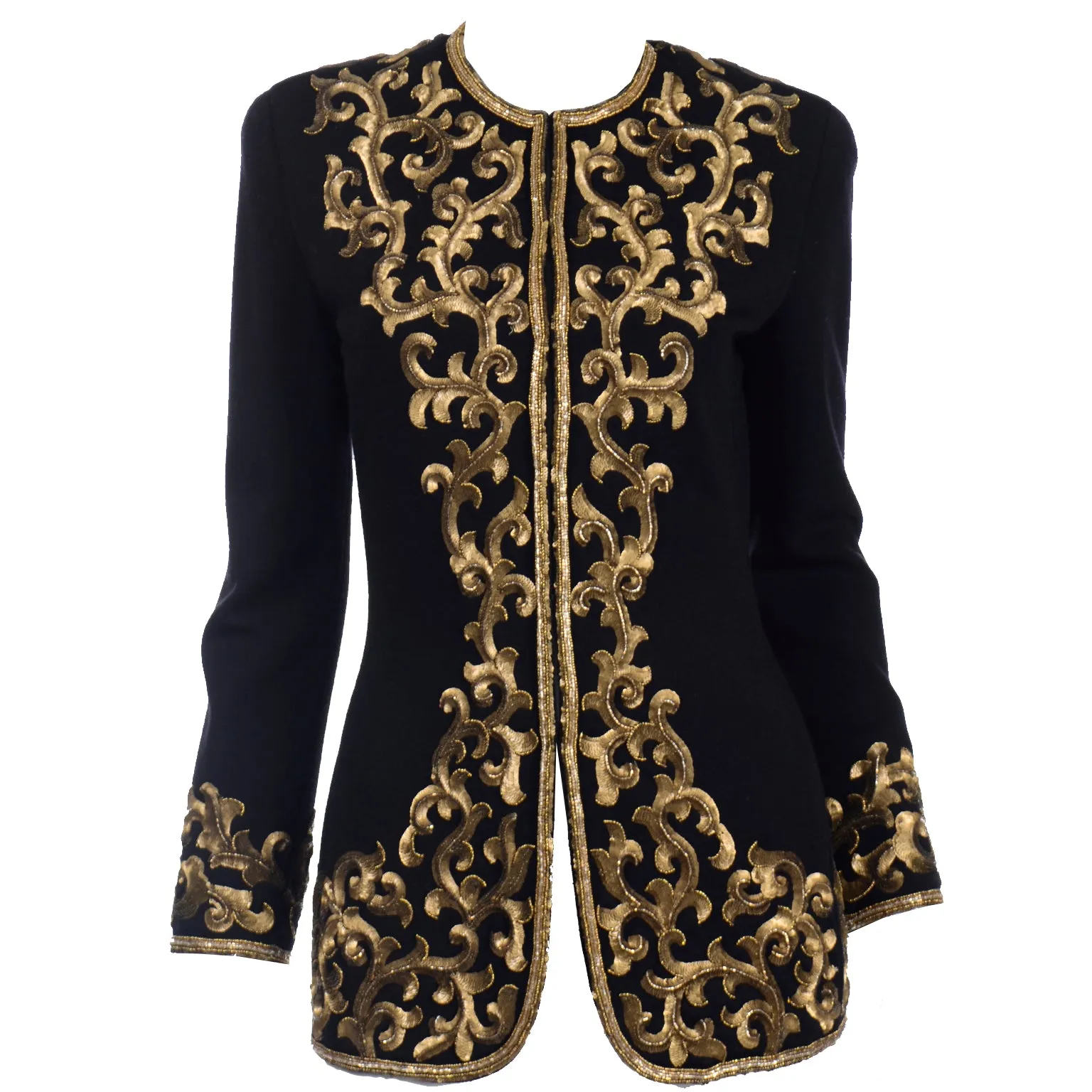 1990s Donna Karan Baroque Black Jacket w Gold embroidered Sequins