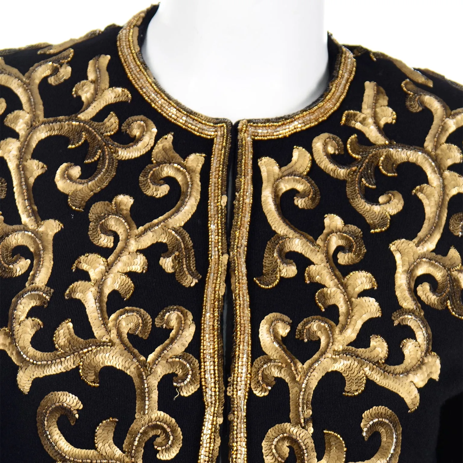 1990s Donna Karan Baroque Black Jacket w Gold embroidered Sequins