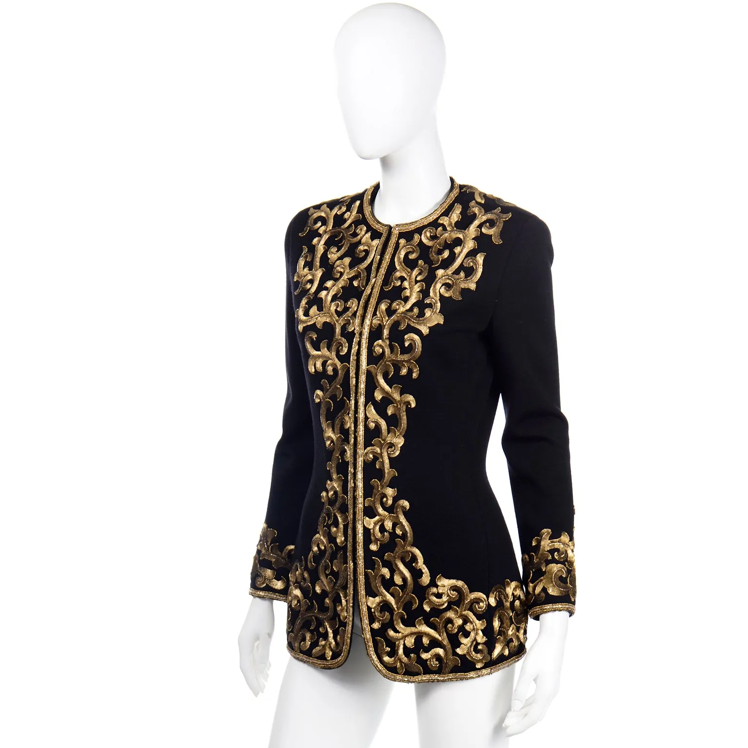 1990s Donna Karan Baroque Black Jacket w Gold embroidered Sequins