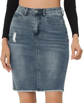 Allegra K Women's Basic Distressed High Waist Ripped Hem Washed Jeans Denim Skirt