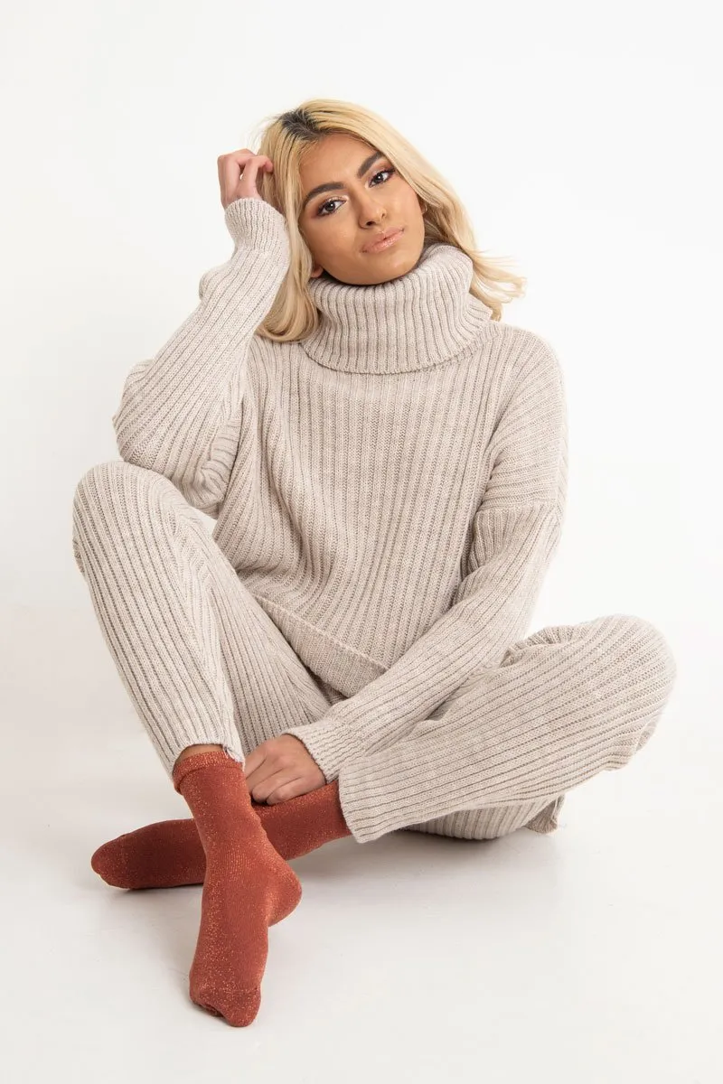 Beige Chunky Knit Roll Neck Loungewear Co-Ord - Imara