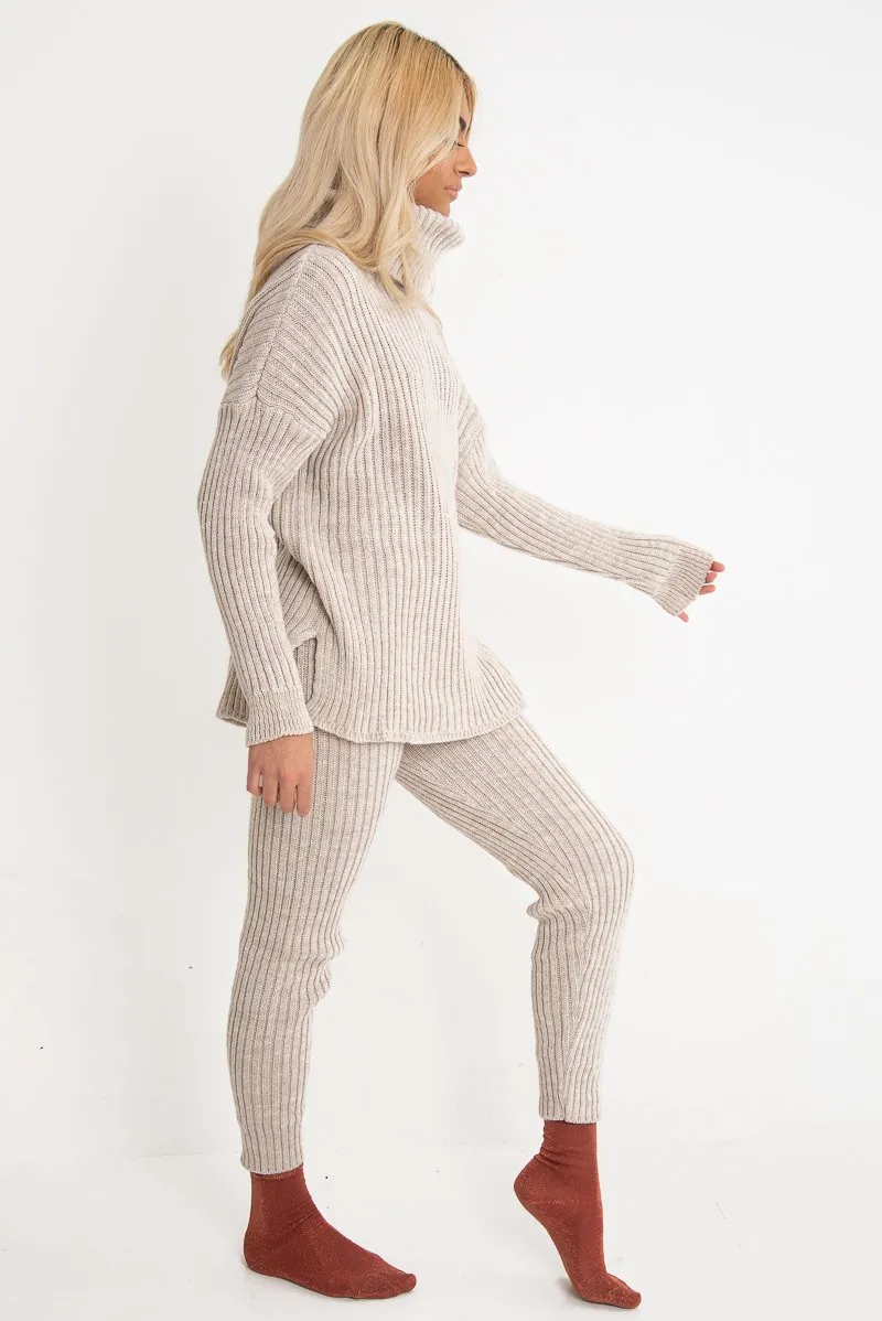 Beige Chunky Knit Roll Neck Loungewear Co-Ord - Imara