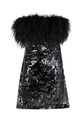 BLACK SEQUINNED FEATHER MINI DRESS