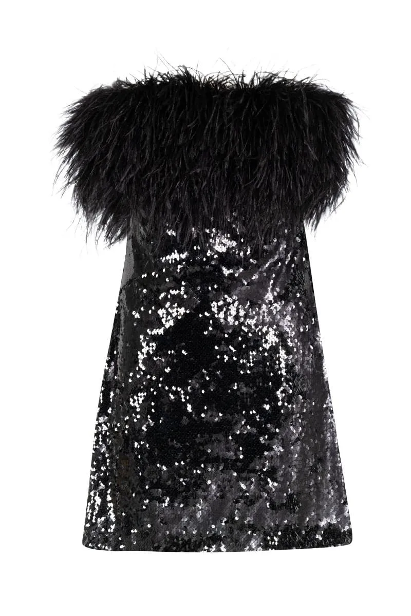 BLACK SEQUINNED FEATHER MINI DRESS