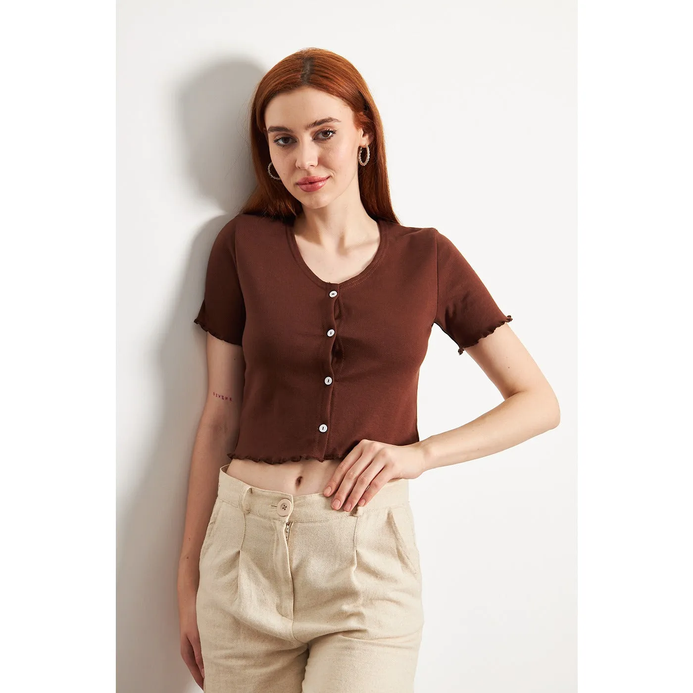 Brown Button Down Crop Top