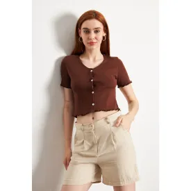 Brown Button Down Crop Top