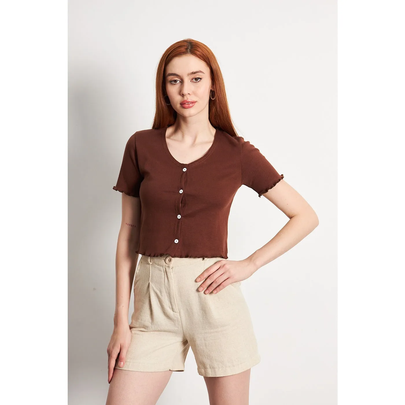 Brown Button Down Crop Top