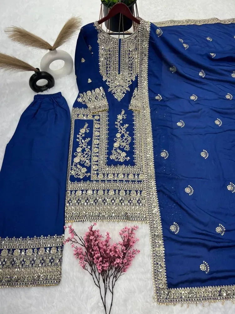 Charming Royal Blue Color Pure Chinon Embroidery And Dori Sequence Work Palazzo Suits For Women