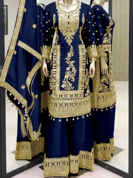 Charming Royal Blue Color Pure Chinon Embroidery And Dori Sequence Work Palazzo Suits For Women