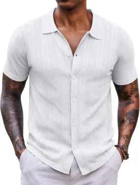 COOFANDY Mens Knit Button Down Shirts Short Sleeve Vintage Polo Shirt Casual Vacation Beach Shirts