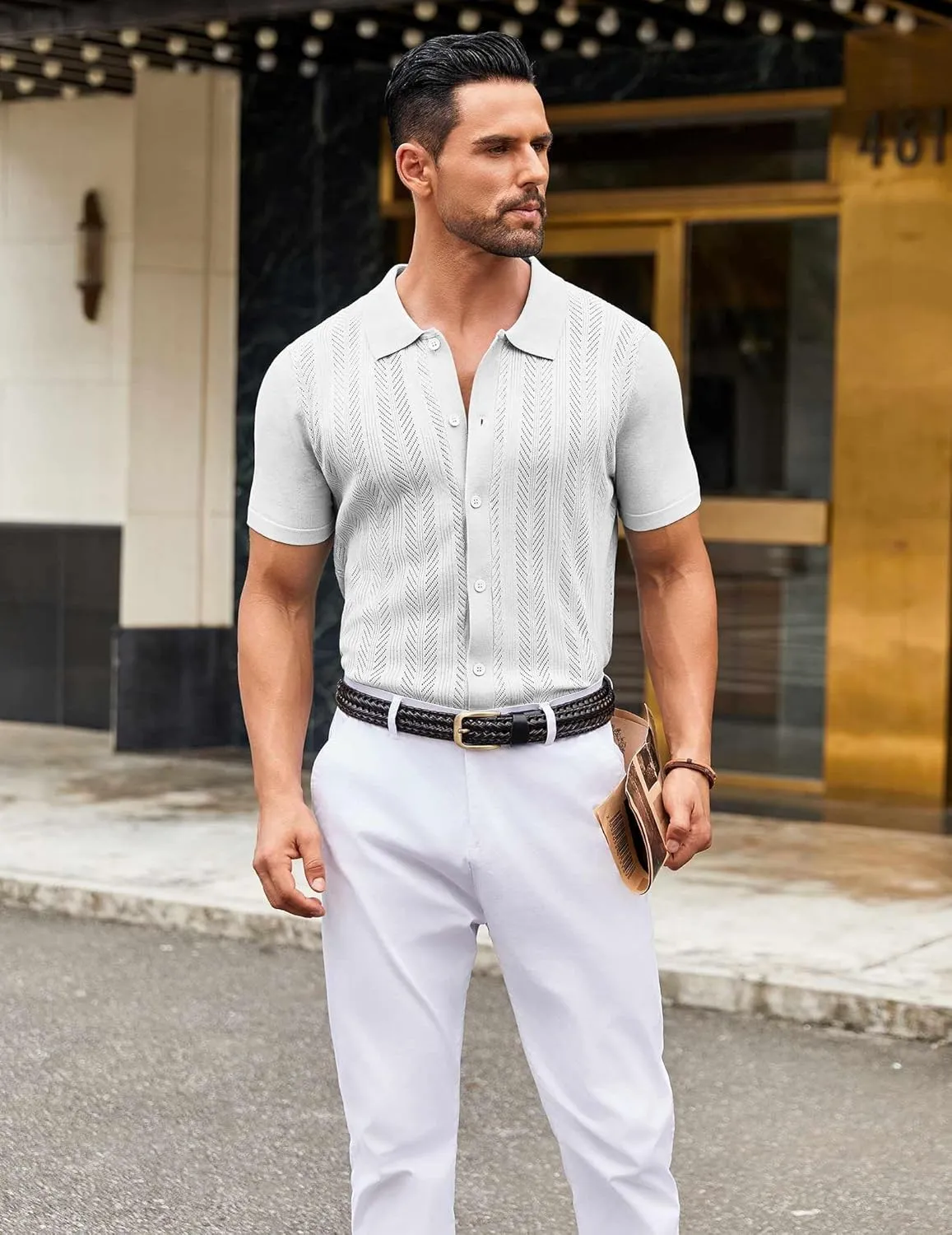 COOFANDY Mens Knit Button Down Shirts Short Sleeve Vintage Polo Shirt Casual Vacation Beach Shirts