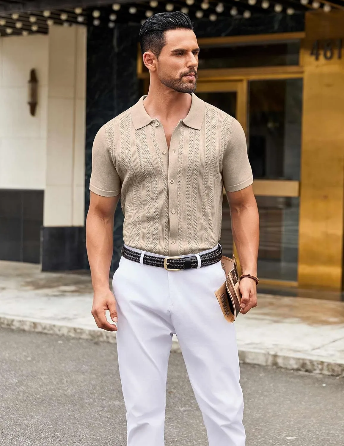 COOFANDY Mens Knit Button Down Shirts Short Sleeve Vintage Polo Shirt Casual Vacation Beach Shirts
