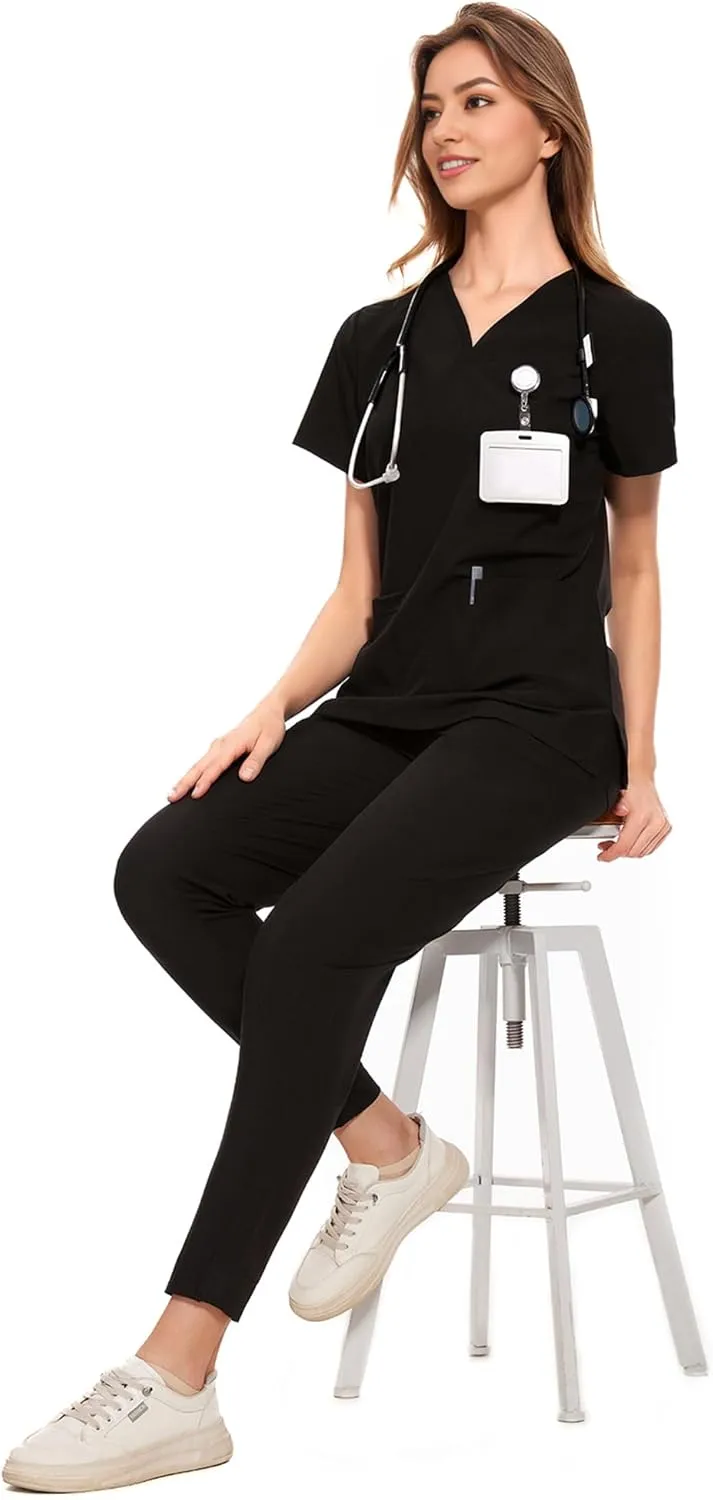 COZYFIT Medical Scrubs for Women Set - Curved V-Neck Scrub Top & Jogger Pants with 8 Pockets