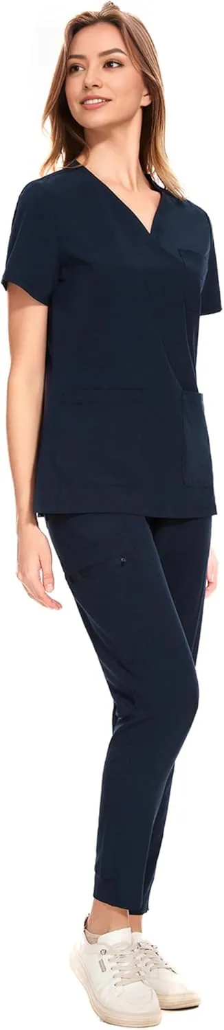 COZYFIT Medical Scrubs for Women Set - Curved V-Neck Scrub Top & Jogger Pants with 8 Pockets