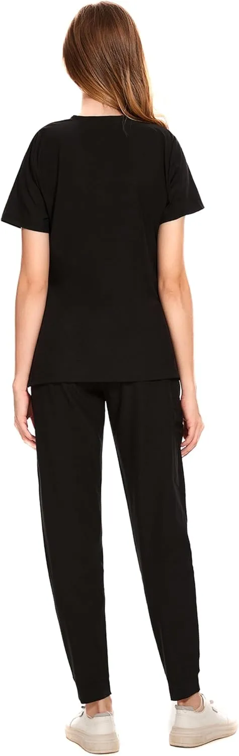 COZYFIT Medical Scrubs for Women Set - Curved V-Neck Scrub Top & Jogger Pants with 8 Pockets