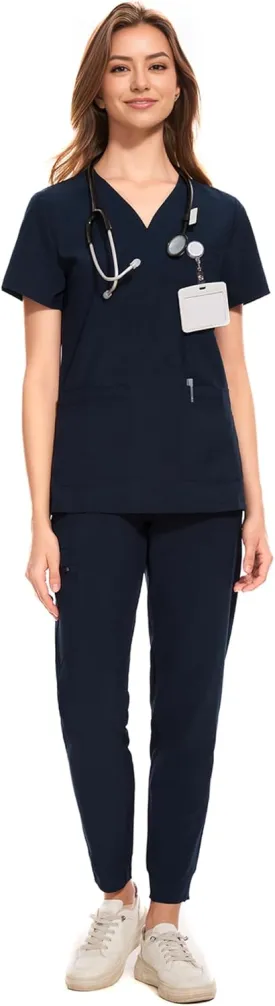 COZYFIT Medical Scrubs for Women Set - Curved V-Neck Scrub Top & Jogger Pants with 8 Pockets