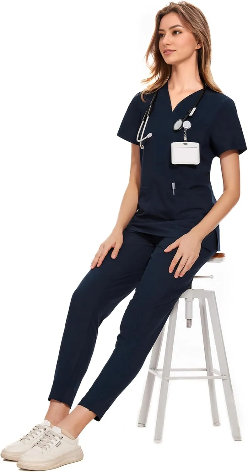 COZYFIT Medical Scrubs for Women Set - Curved V-Neck Scrub Top & Jogger Pants with 8 Pockets