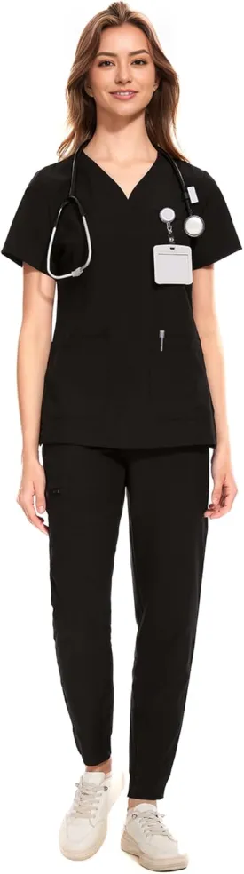 COZYFIT Medical Scrubs for Women Set - Curved V-Neck Scrub Top & Jogger Pants with 8 Pockets