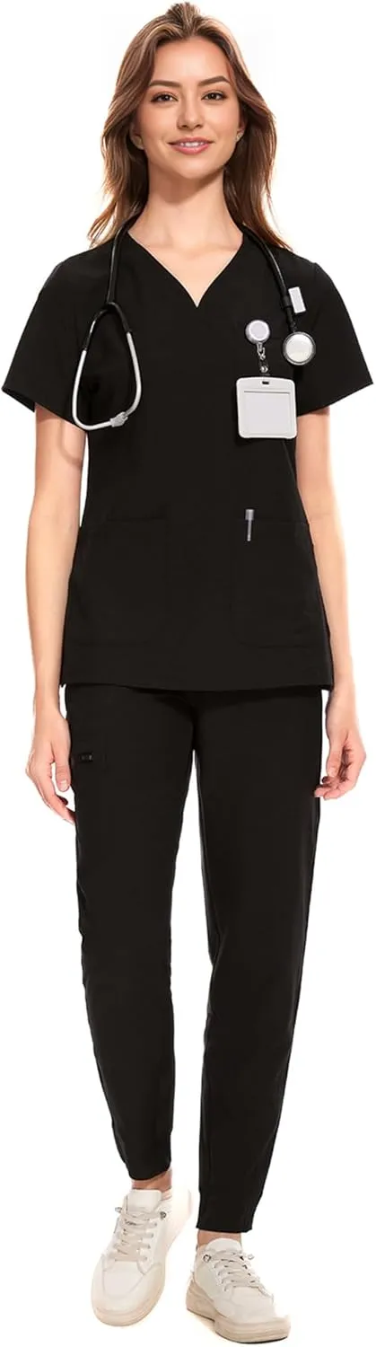 COZYFIT Medical Scrubs for Women Set - Curved V-Neck Scrub Top & Jogger Pants with 8 Pockets