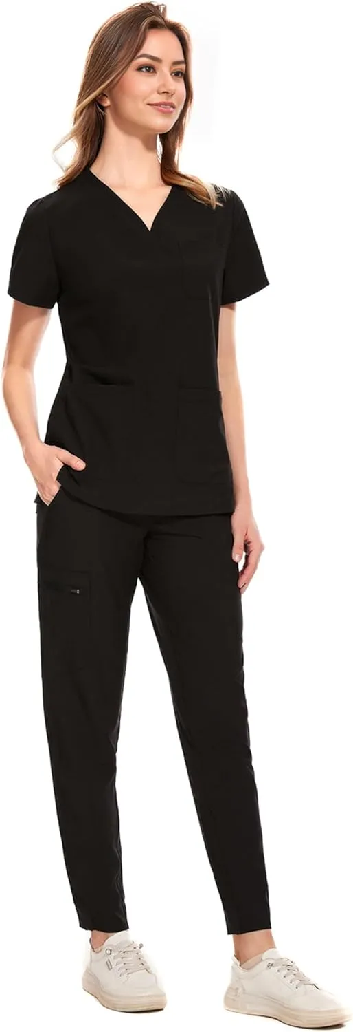 COZYFIT Medical Scrubs for Women Set - Curved V-Neck Scrub Top & Jogger Pants with 8 Pockets