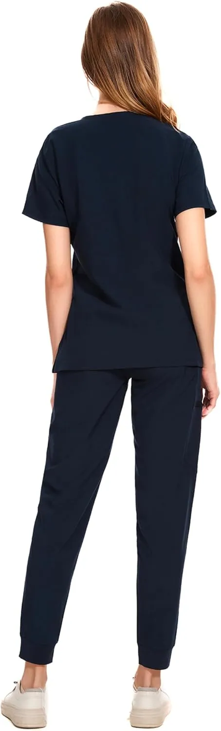 COZYFIT Medical Scrubs for Women Set - Curved V-Neck Scrub Top & Jogger Pants with 8 Pockets