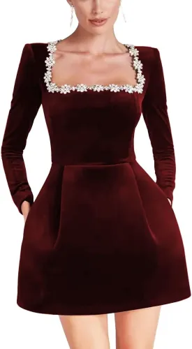 Crystal Square Neck Wedding Dresses for Brides Long Sleeve Velvet Short Bridal Gowns with Pockets