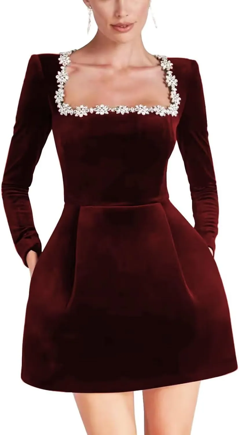 Crystal Square Neck Wedding Dresses for Brides Long Sleeve Velvet Short Bridal Gowns with Pockets