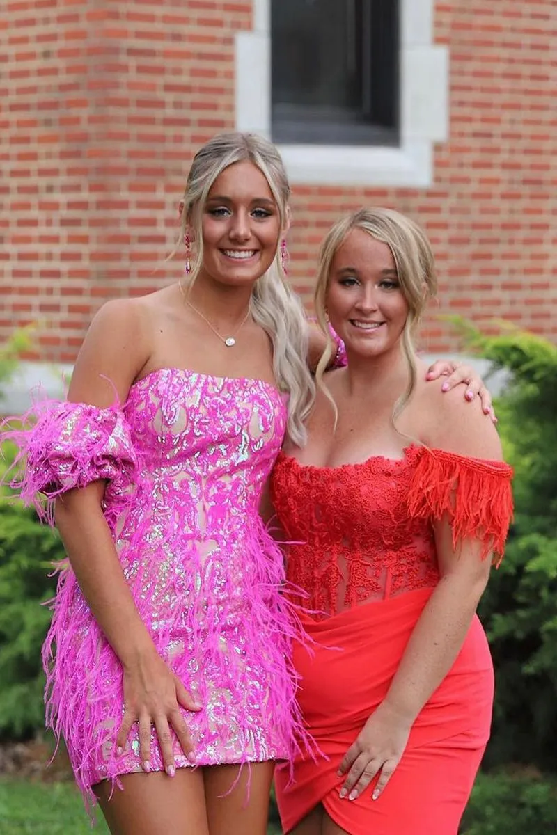 Cute Bodycon Strapless Hot Pink Sequins Homecoming Dresses with Feather VK073189
