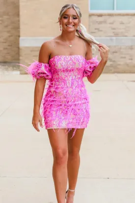 Cute Bodycon Strapless Hot Pink Sequins Homecoming Dresses with Feather VK073189