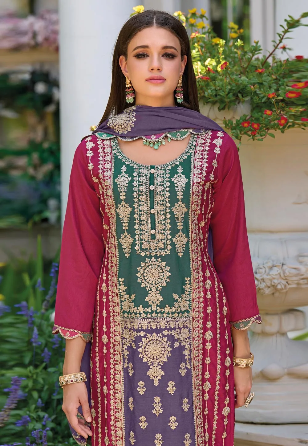 Dazzling Pink Color Chinon Embroidered Salwar Kameez For Women