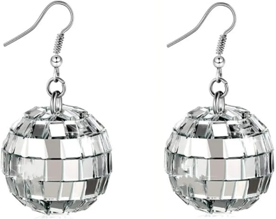 Disco Ball Earrings - Silver Mirror Ball Earrings for Women's 60's or 70's Dance Party Costume Accessories