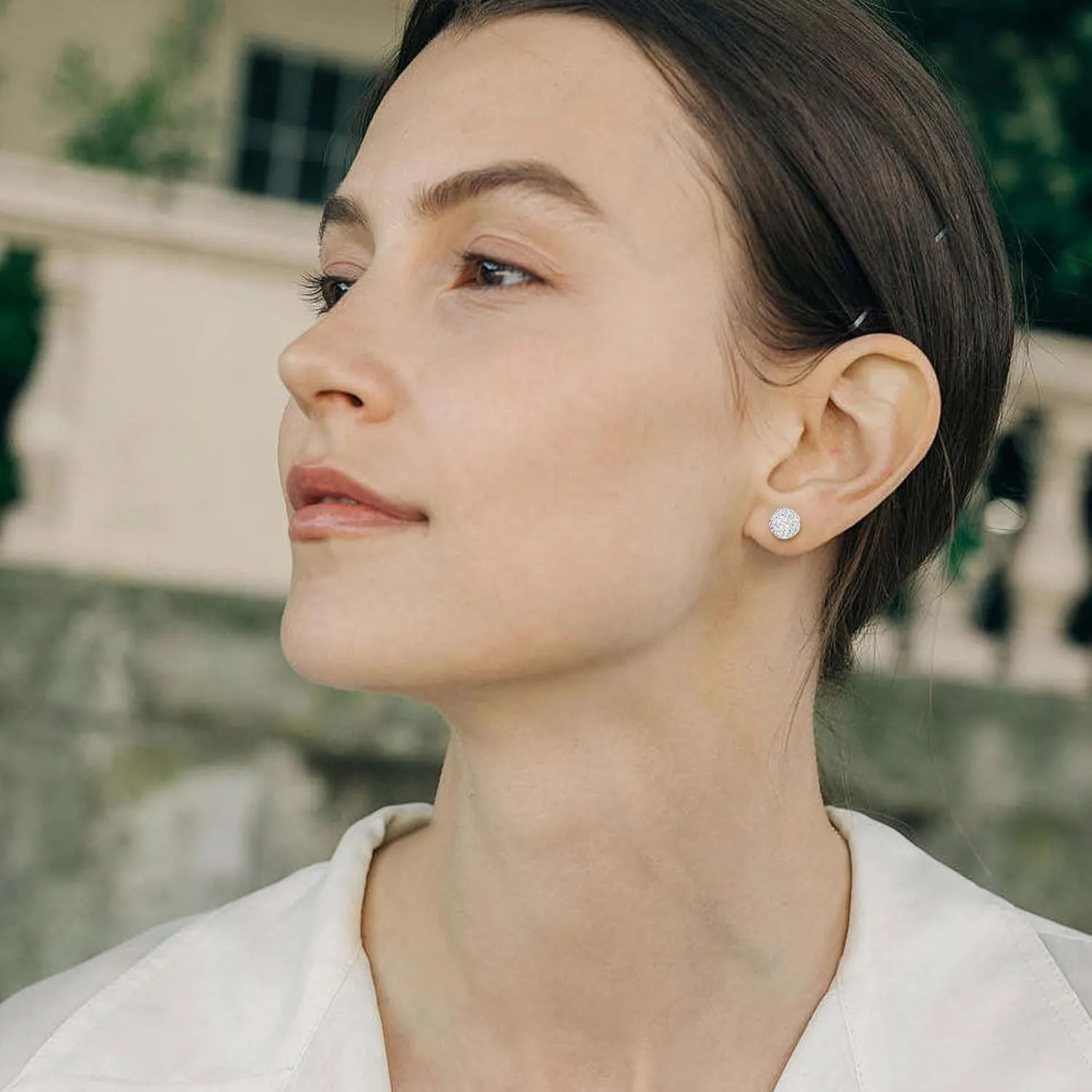 Disco Ball White Crystals Stud Earrings for Women, Hypoallergenic 6mm Elegant Round Glittering Pave Crystal Disco Ball Stud Earrings with Box