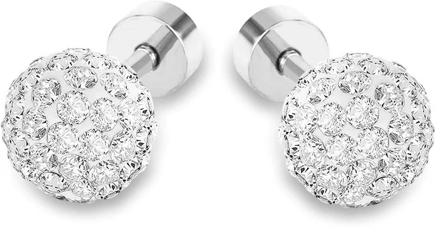 Disco Ball White Crystals Stud Earrings for Women, Hypoallergenic 6mm Elegant Round Glittering Pave Crystal Disco Ball Stud Earrings with Box