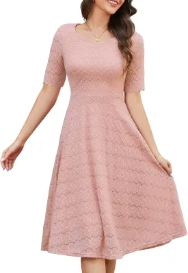 Dressystar Women's Short Sleeve Lace Wedding Guest Dress V Neck A Line Formal Cocktail Evening Party Dresses 2025