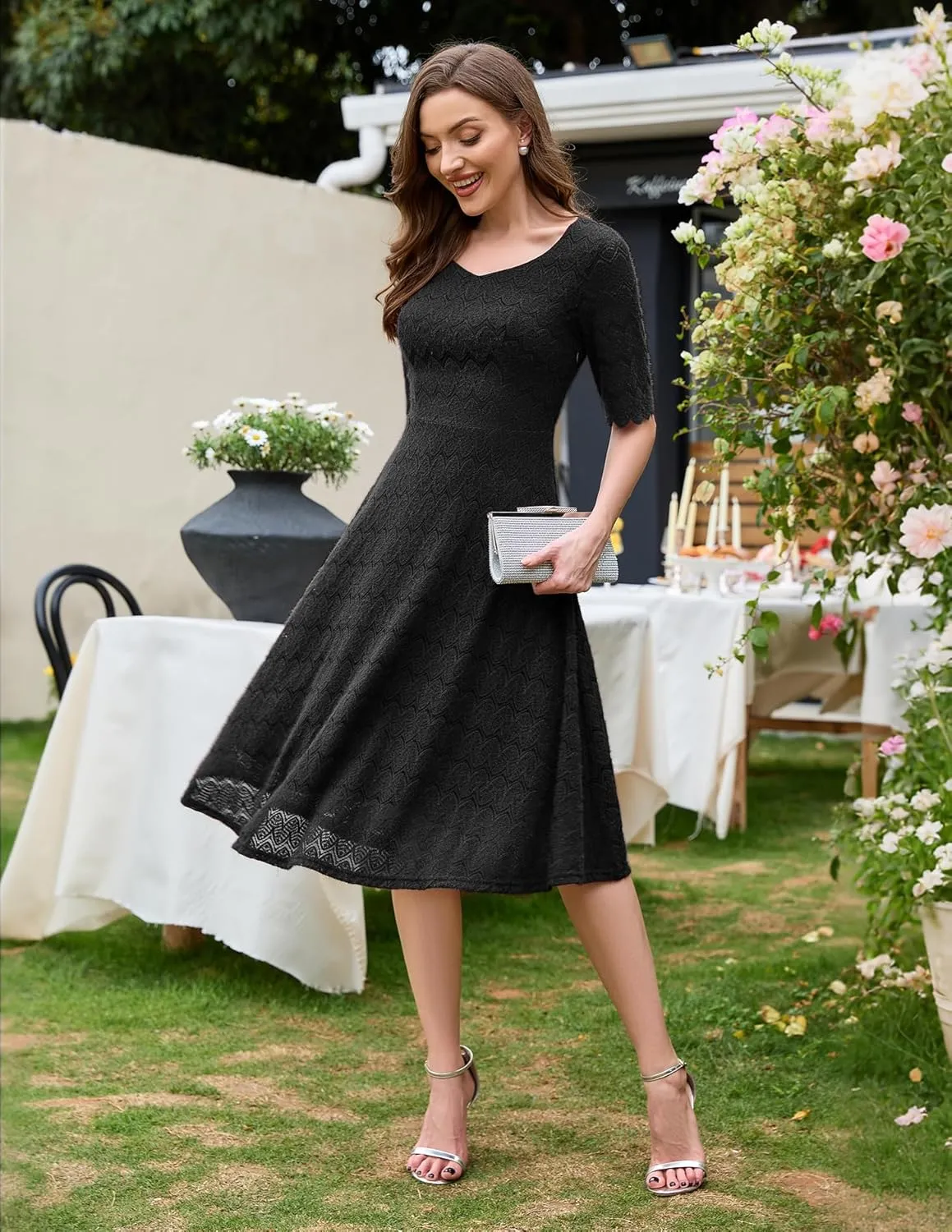 Dressystar Women's Short Sleeve Lace Wedding Guest Dress V Neck A Line Formal Cocktail Evening Party Dresses 2025