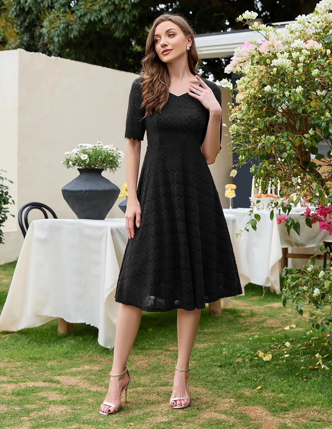 Dressystar Women's Short Sleeve Lace Wedding Guest Dress V Neck A Line Formal Cocktail Evening Party Dresses 2025