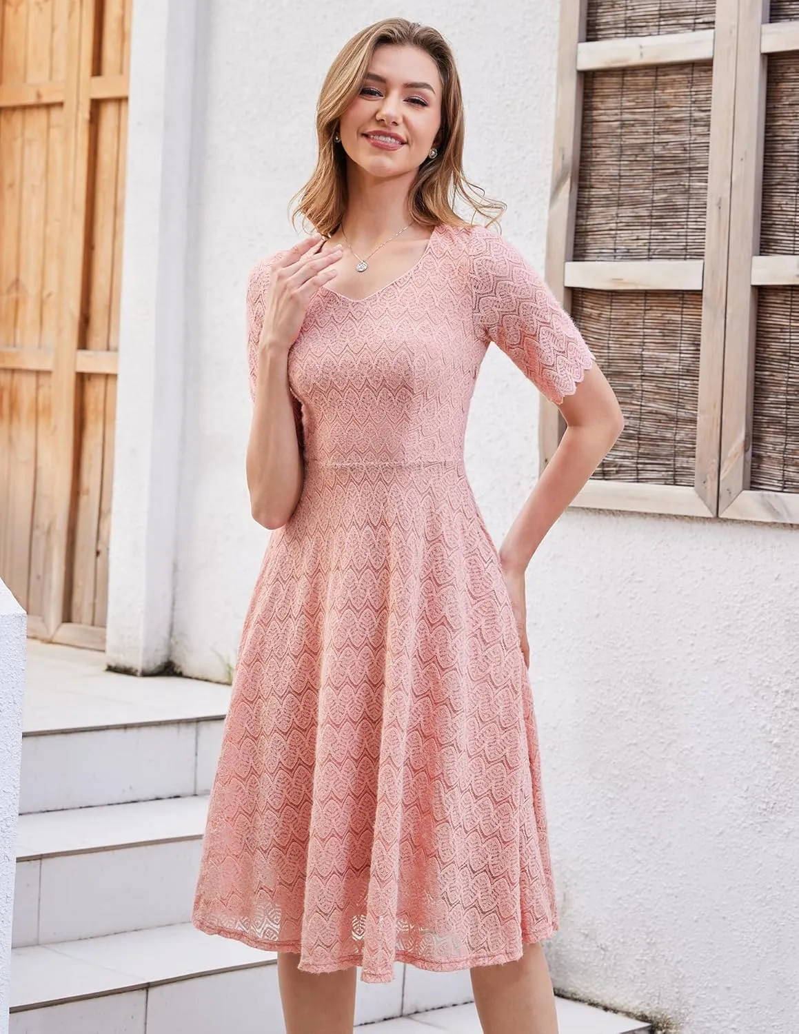 Dressystar Women's Short Sleeve Lace Wedding Guest Dress V Neck A Line Formal Cocktail Evening Party Dresses 2025