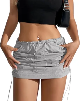 Durio Cargo Skirt Y2K, Mini Skirt for Women Drawstring Sexy Skirt Low Rise with Pocket