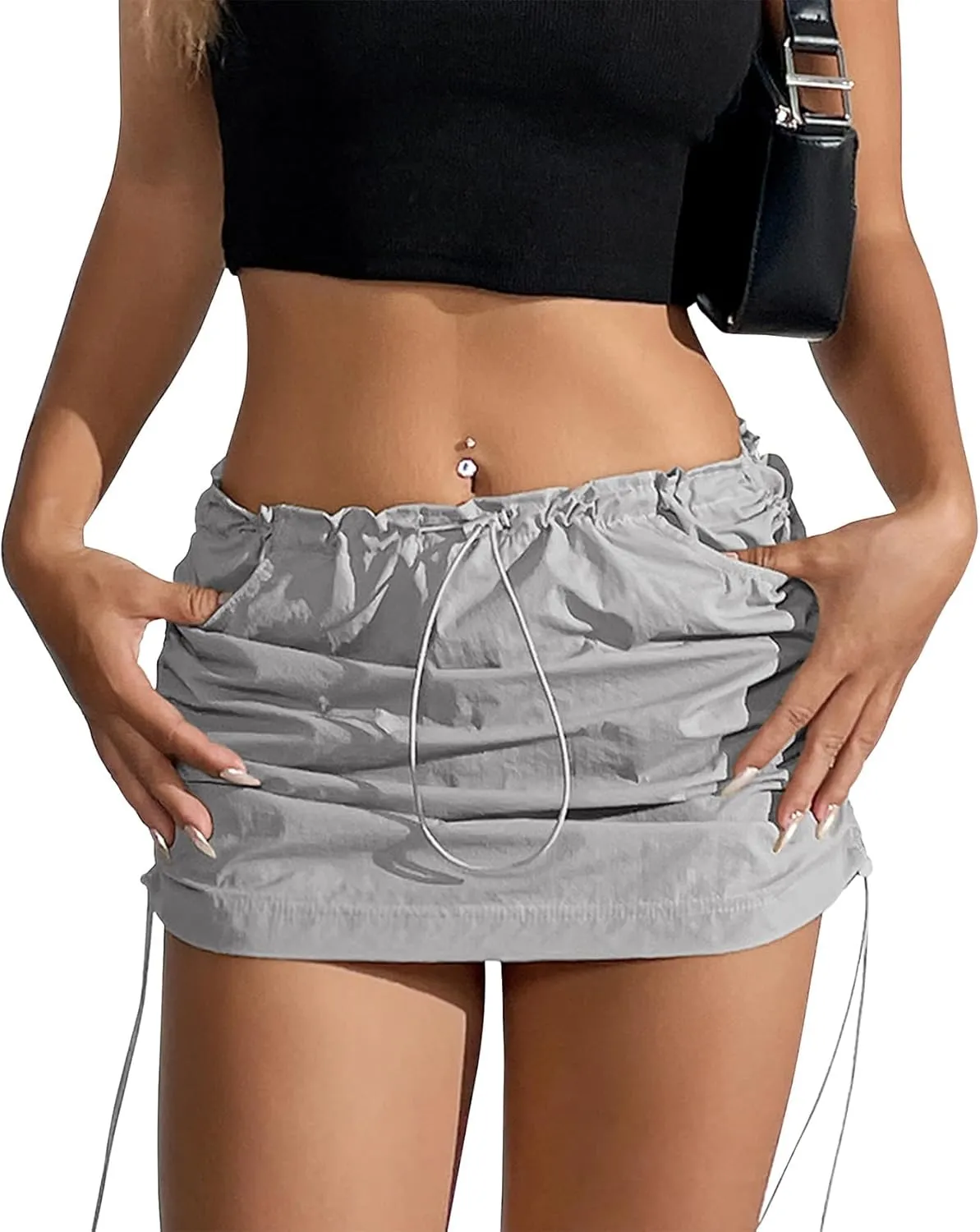 Durio Cargo Skirt Y2K, Mini Skirt for Women Drawstring Sexy Skirt Low Rise with Pocket