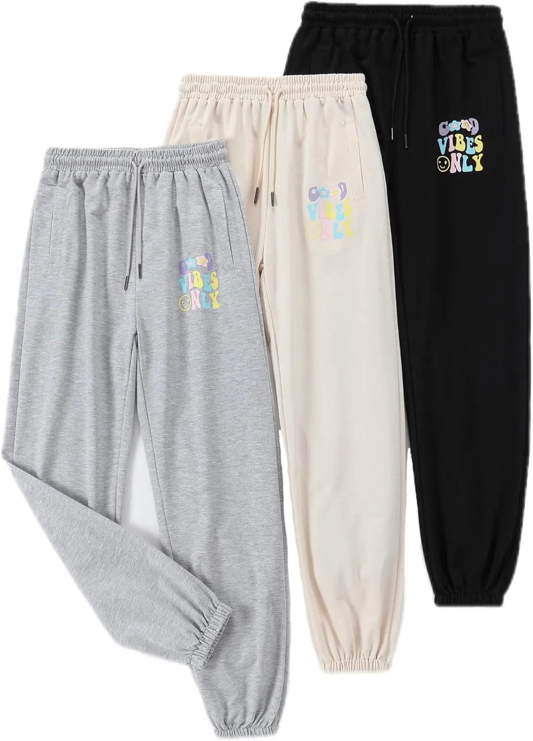 EXARUS 3 Pack Girls Sweatpants Joggers Sweat Pants Letter Graphic Print with Pockets High Waisted Cute Pants