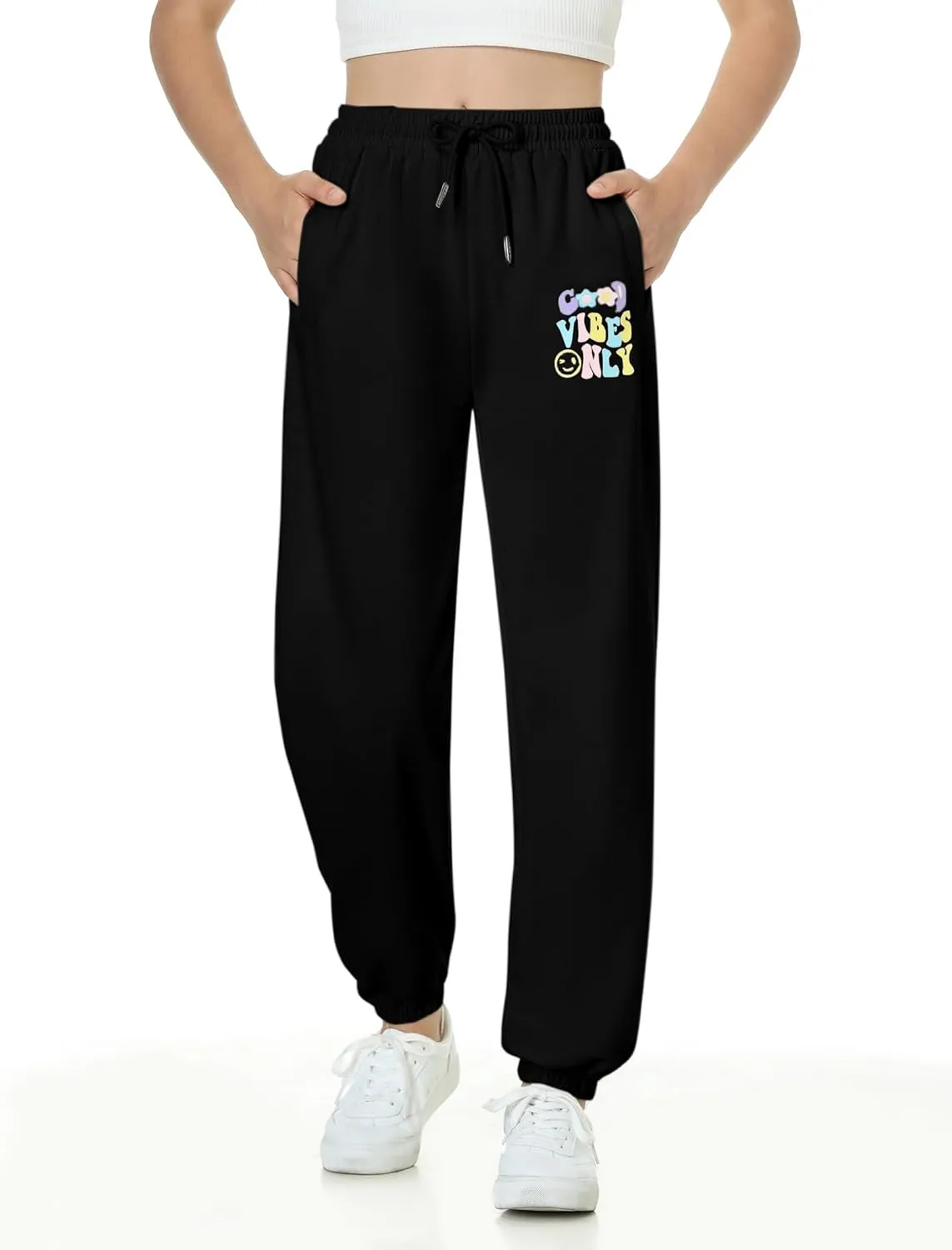 EXARUS 3 Pack Girls Sweatpants Joggers Sweat Pants Letter Graphic Print with Pockets High Waisted Cute Pants