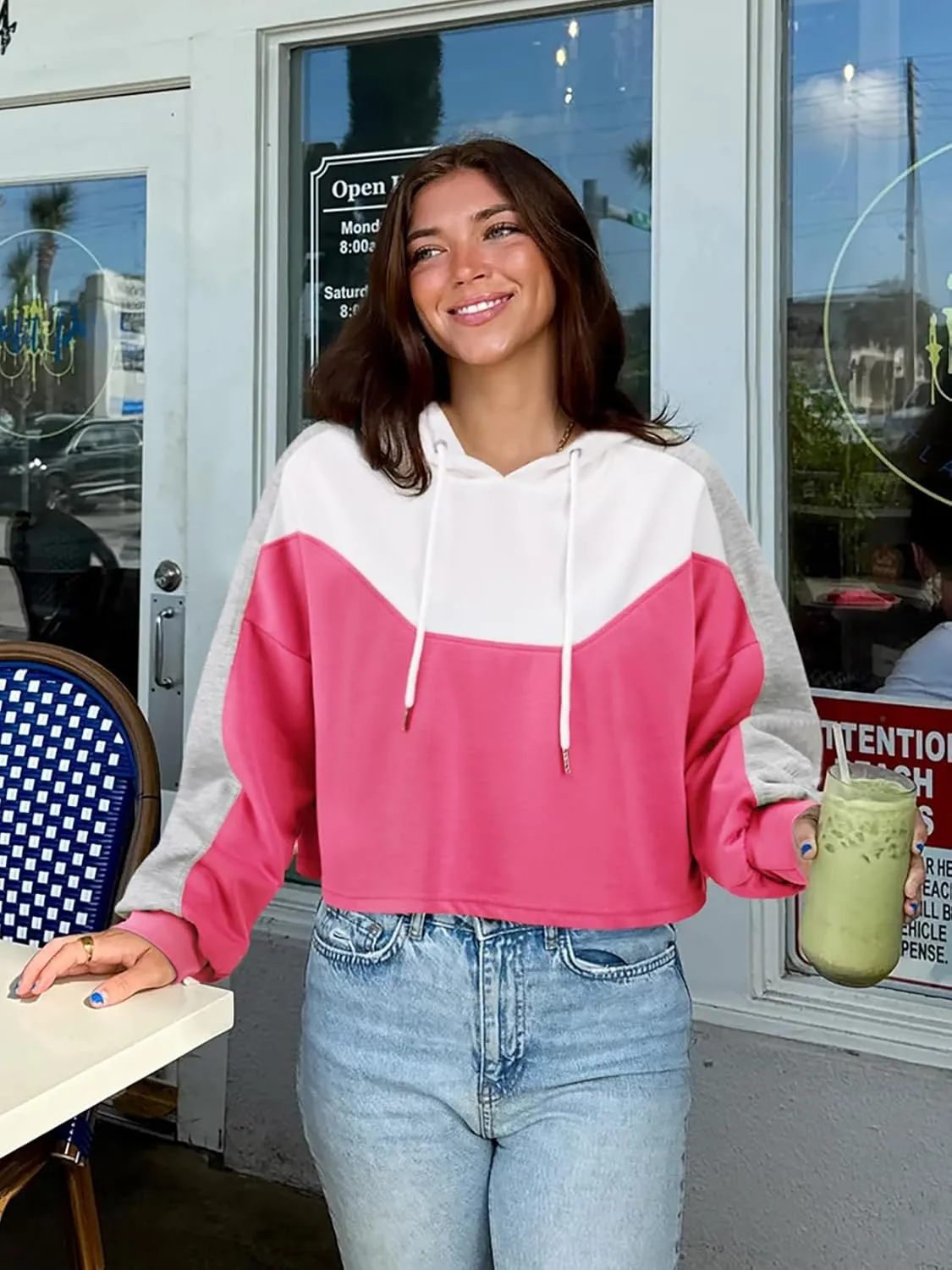 FAIRY SEASON Women Cropped Hoodies Long Sleeve Oversized Hooded Sweatshirt Color Block Crop Top Shirt Y2K Workout Pullover