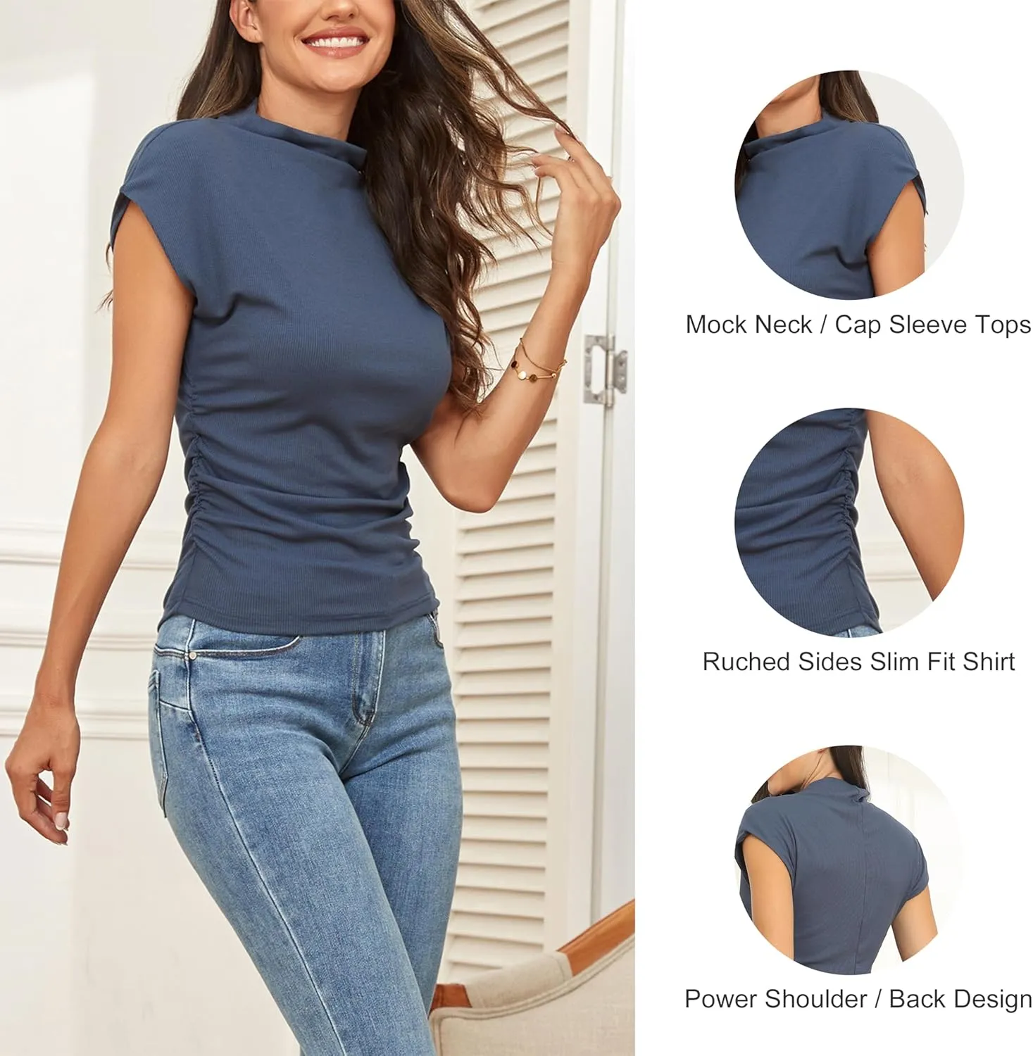 Famulily Women's T Shirts Mock Neck Cap Sleeve Tops Ribbed Power Shoulder Tee Ruched Sides Slim Fit Tees Casual Basic Top