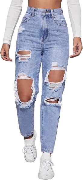 Floerns Women's High Waist Boyfriend Straight Leg Ripped Jeans Distressed Denim Pants Grey