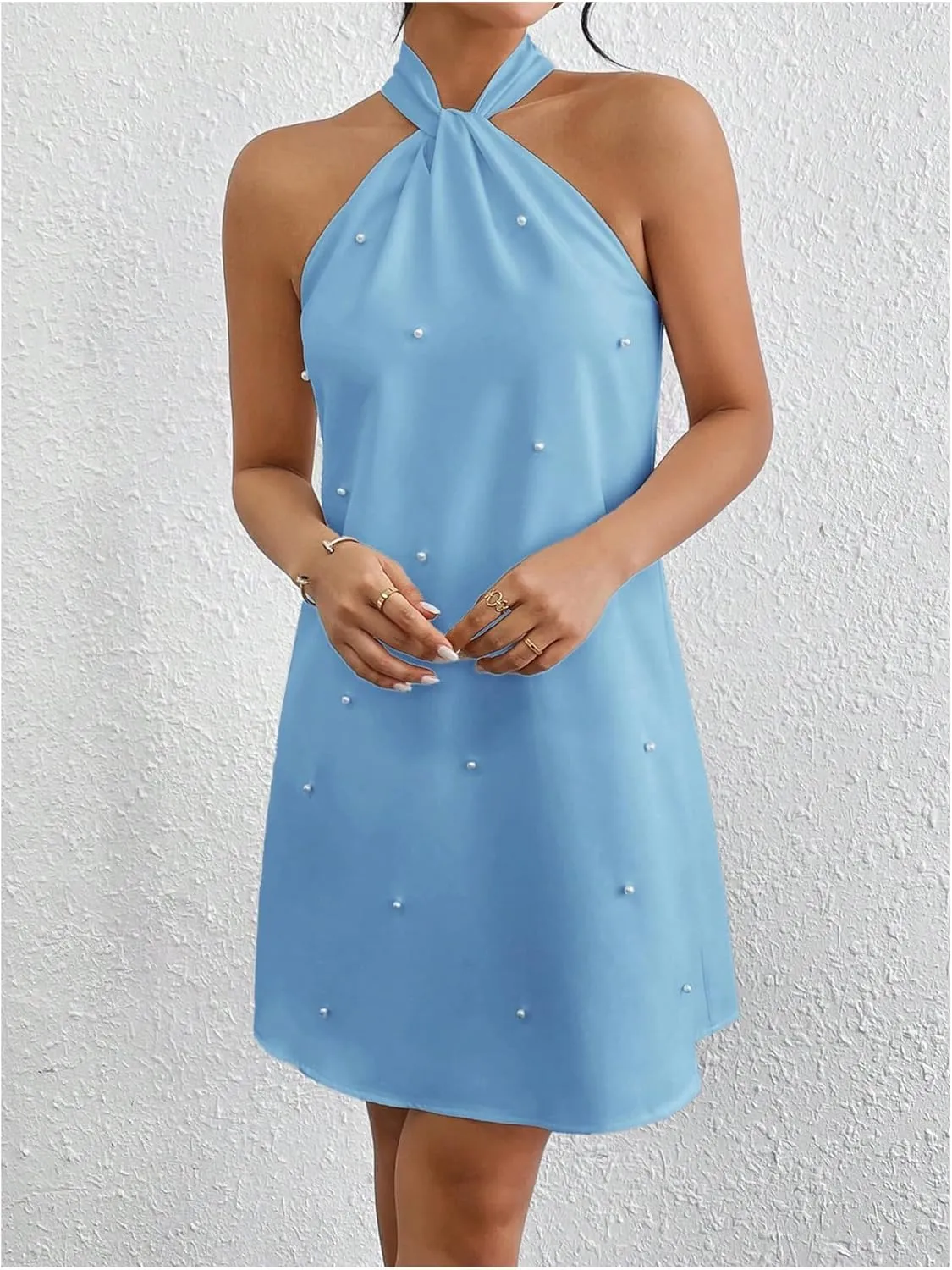 Floerns Women's Pearl Beaded Halter Twist Sleeveless Tie Back Dress A Line Dress