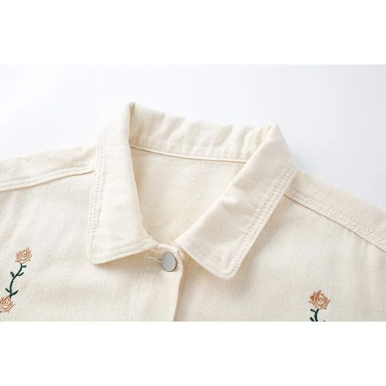 Flower Embroidery Loose Fit Washed Denim Jacket