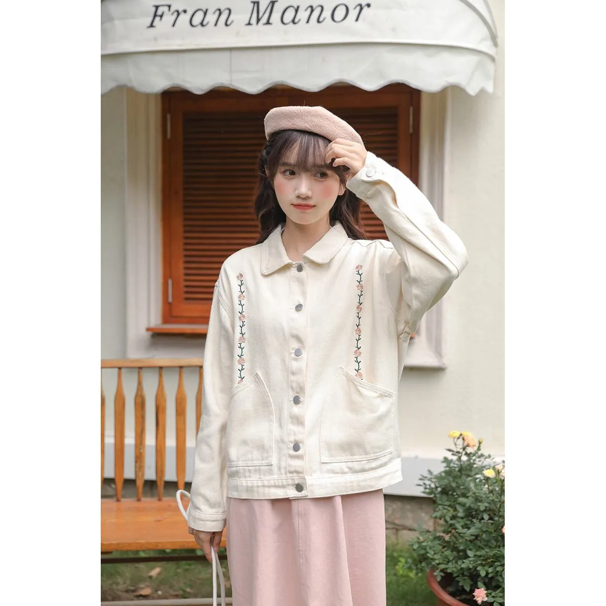 Flower Embroidery Loose Fit Washed Denim Jacket