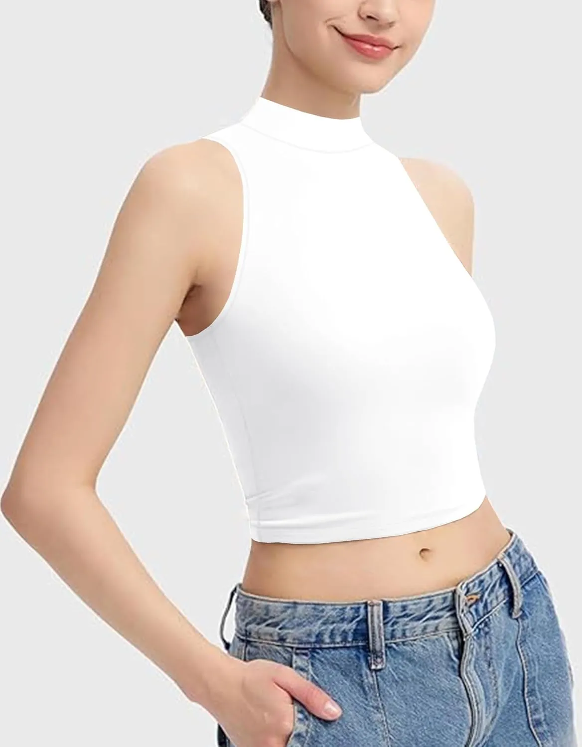 FOUGEDE Women's Mock Turtleneck Long Sleeve/Sleeveless/Half Sleeve/Short Sleeve/Crop Top Basic Fitted Stretch Slim Tops