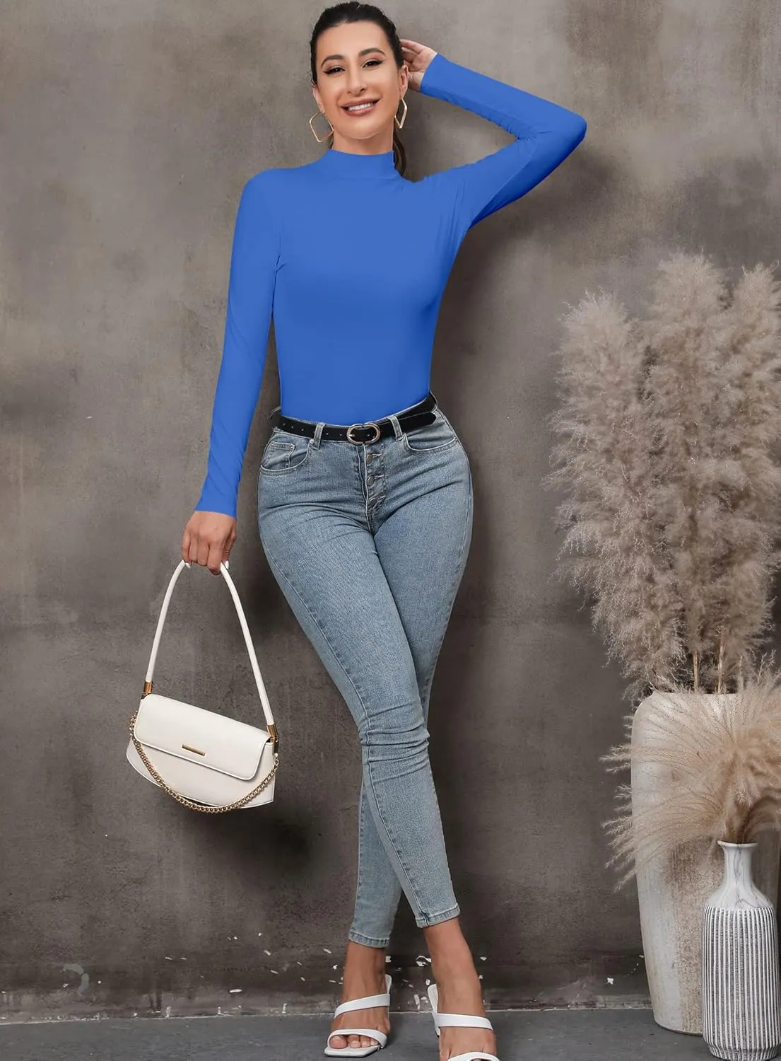 FOUGEDE Women's Mock Turtleneck Long Sleeve/Sleeveless/Half Sleeve/Short Sleeve/Crop Top Basic Fitted Stretch Slim Tops